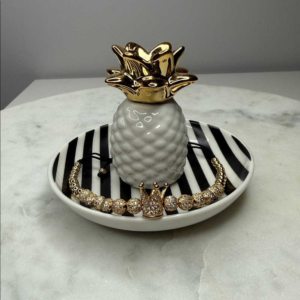 Ceramic Pineapple Ring Holder & Gold Crown Beaded Bracelet with Adjustable Cord